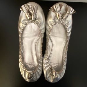 Tory Burch Reese Silver Flats with Tassels